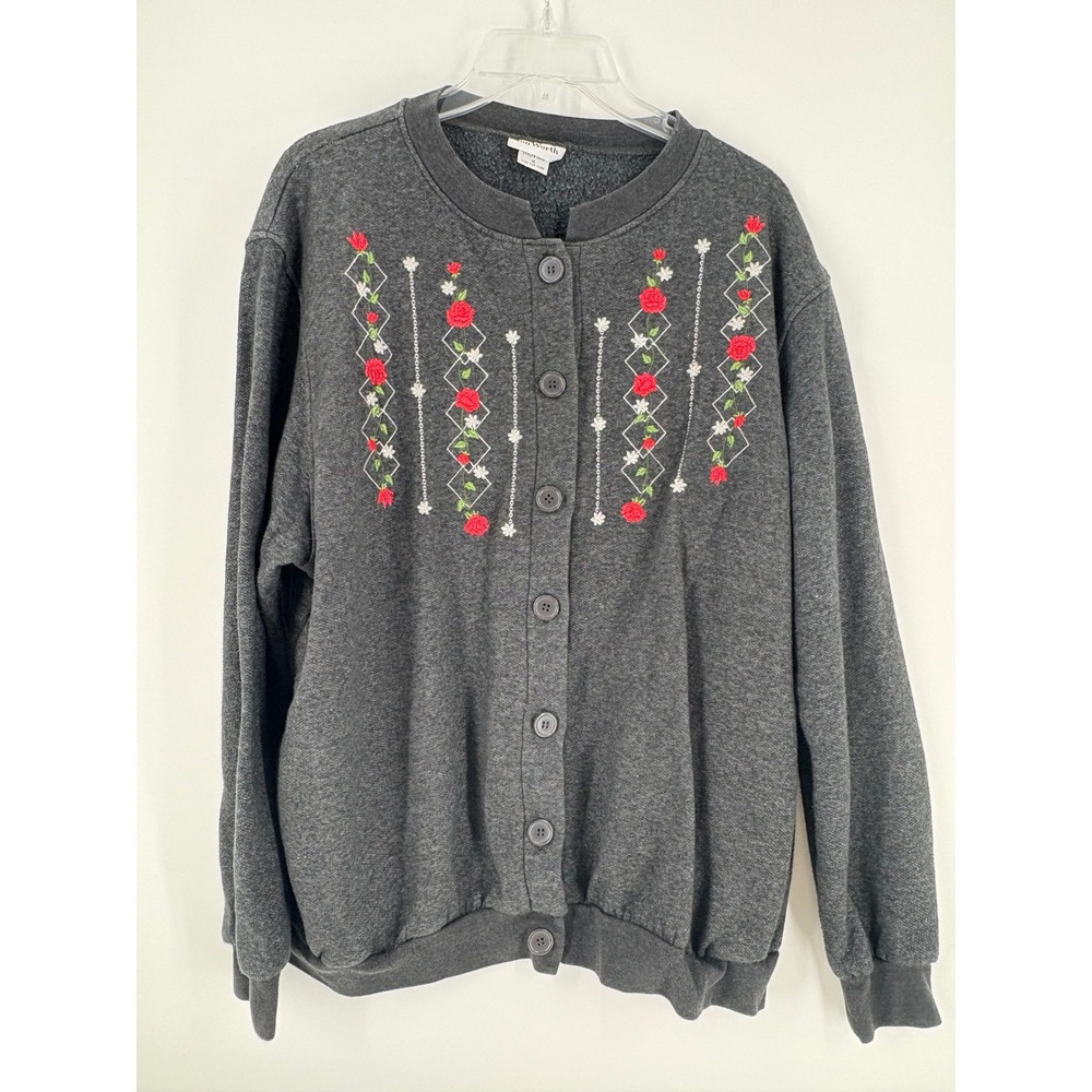 Bon Worth Womens Medium Embroidered Button Front Sweatshirt Gray Floral